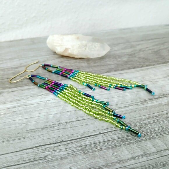 Boho Chic Seed Bead Fringe Dangle Earrings, Statement Artisan 5" - Picture 9 of 12